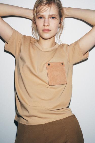 T-SHIRT POCHE CONTRASTANTE - Marron clair de Zara - Image 0