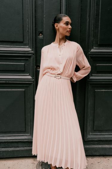 PLEATED MIDI DRESS WITH BELT - Beige-pink by Zara