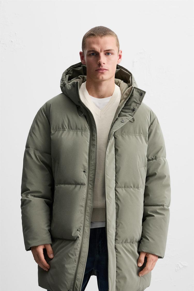 GREEN PUFFER COAT WITH HIGH COLLAR AND HOOD, CHILD