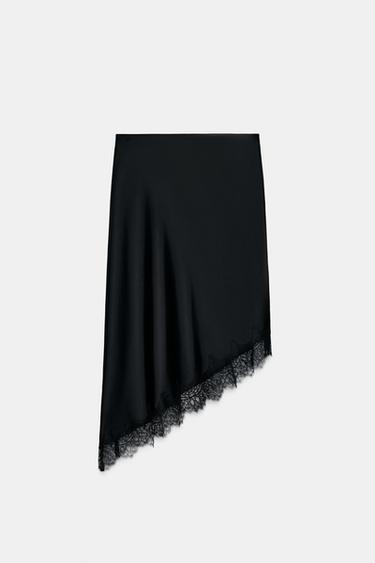 SATIN SKIRT WITH LACE TRIM - Black by Zara