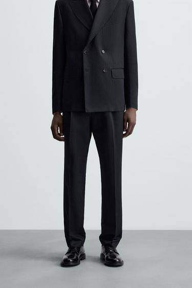 LINEN/COTTON HERRINGBONE SUIT TROUSERS - Navy blue by Zara