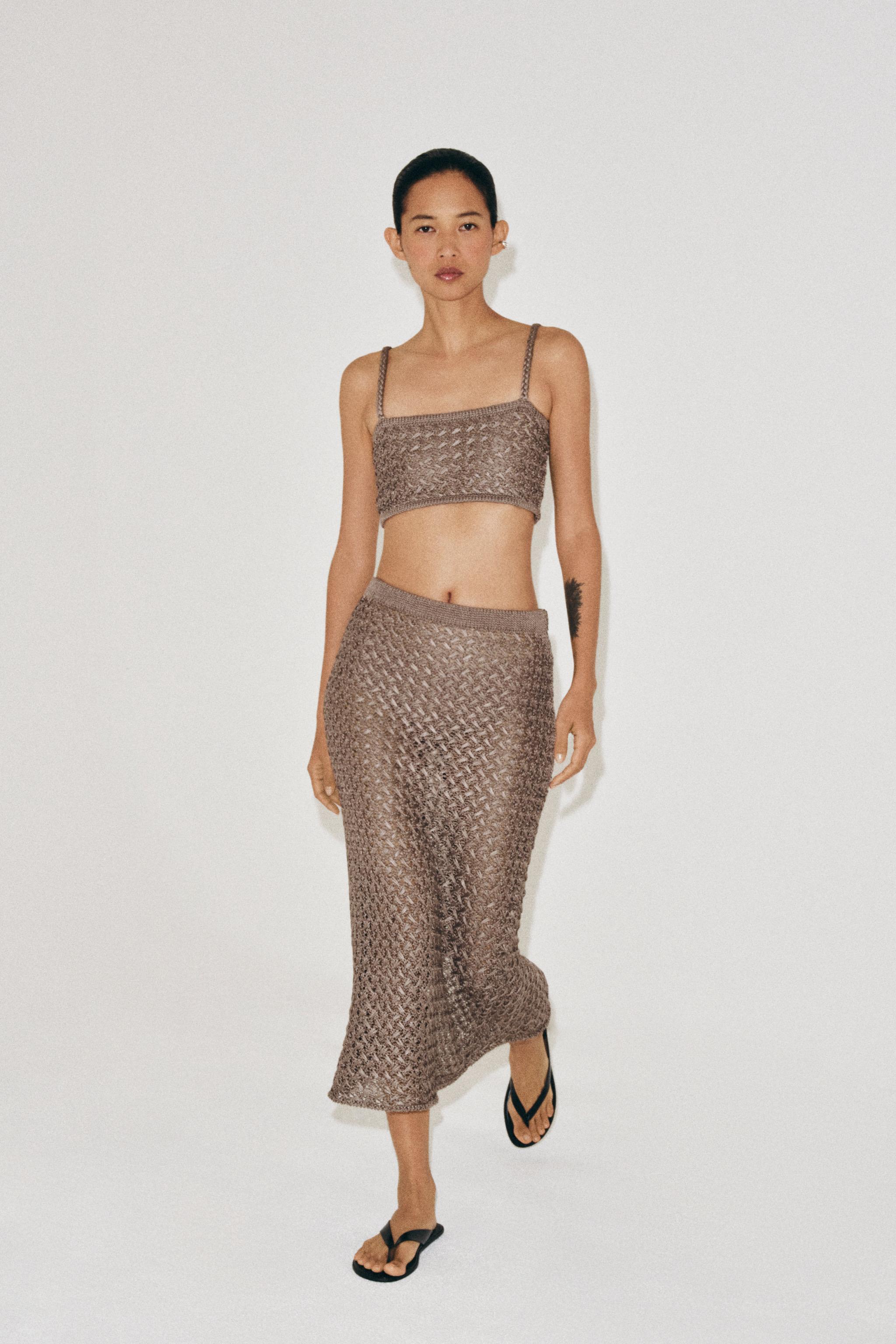 CABLE KNIT MIDI SKIRT — Mink brown