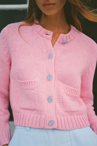 CASACO DE TRICÔ COM BOTÕES DE PEDRAS - Rosa-pálido da Zara