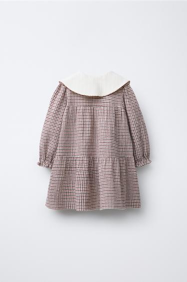 CHECK TEXTURED DRESS WITH EMBROIDERED COLLAR - Dark pink by Zara - Image 1