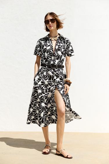 PRINTED POPLIN MIDI DRESS WITH BELT - Black / White by Zara - Image 0