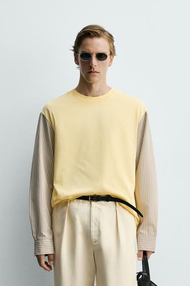 RELAXED FIT T-SHIRT WITH CONTRAST SLEEVES - Light yellow by Zara