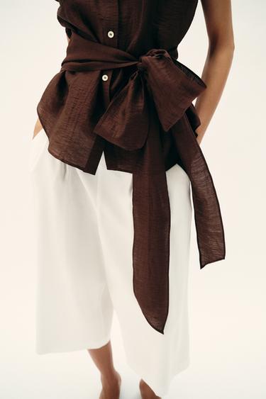 TOP À ÉPAULETTES EN LIN AVEC CEINTURE - Marron foncé de Zara - Image 4