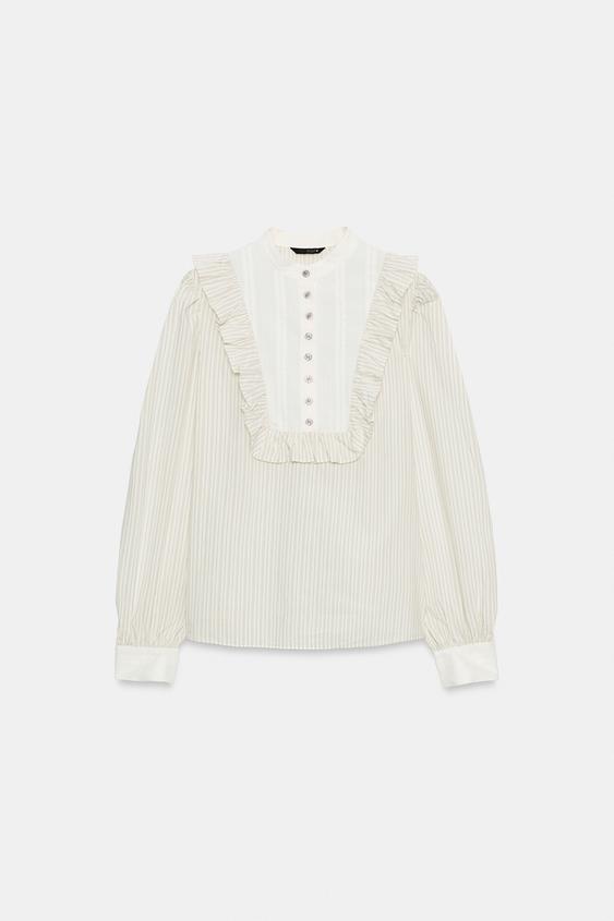 CAMISA RAYAS PECHERA CONTRASTE VOLANTES - Crudo / Beige de Zara - Imagen 0