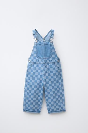 CHECKERBOARD DENIM DUNGAREES - Mid-blue by Zara