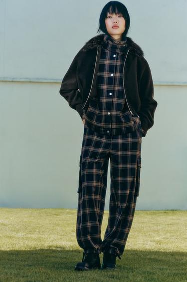 Zara 人造皮草翻領飛行員夾克 - 黑色