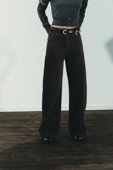 JEANS TRF EXTRA WIDE LEG TIRO ALTO - بني by Zara