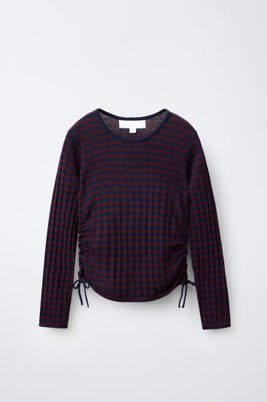 STRIPED GATHERED T-SHIRT - Dark burgundy by Zara
