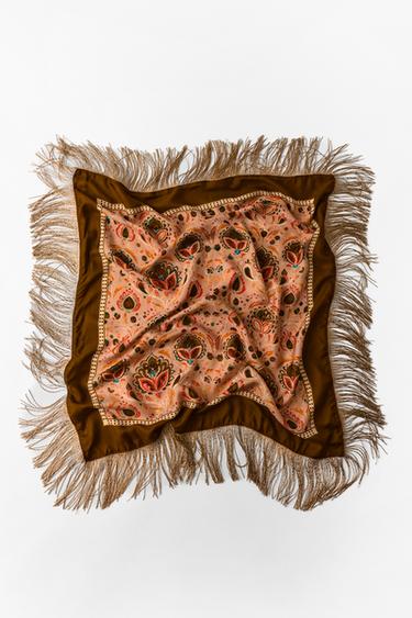 SILK BLEND PRINTED SCARF WITH FRINGE - Ecru by Zara