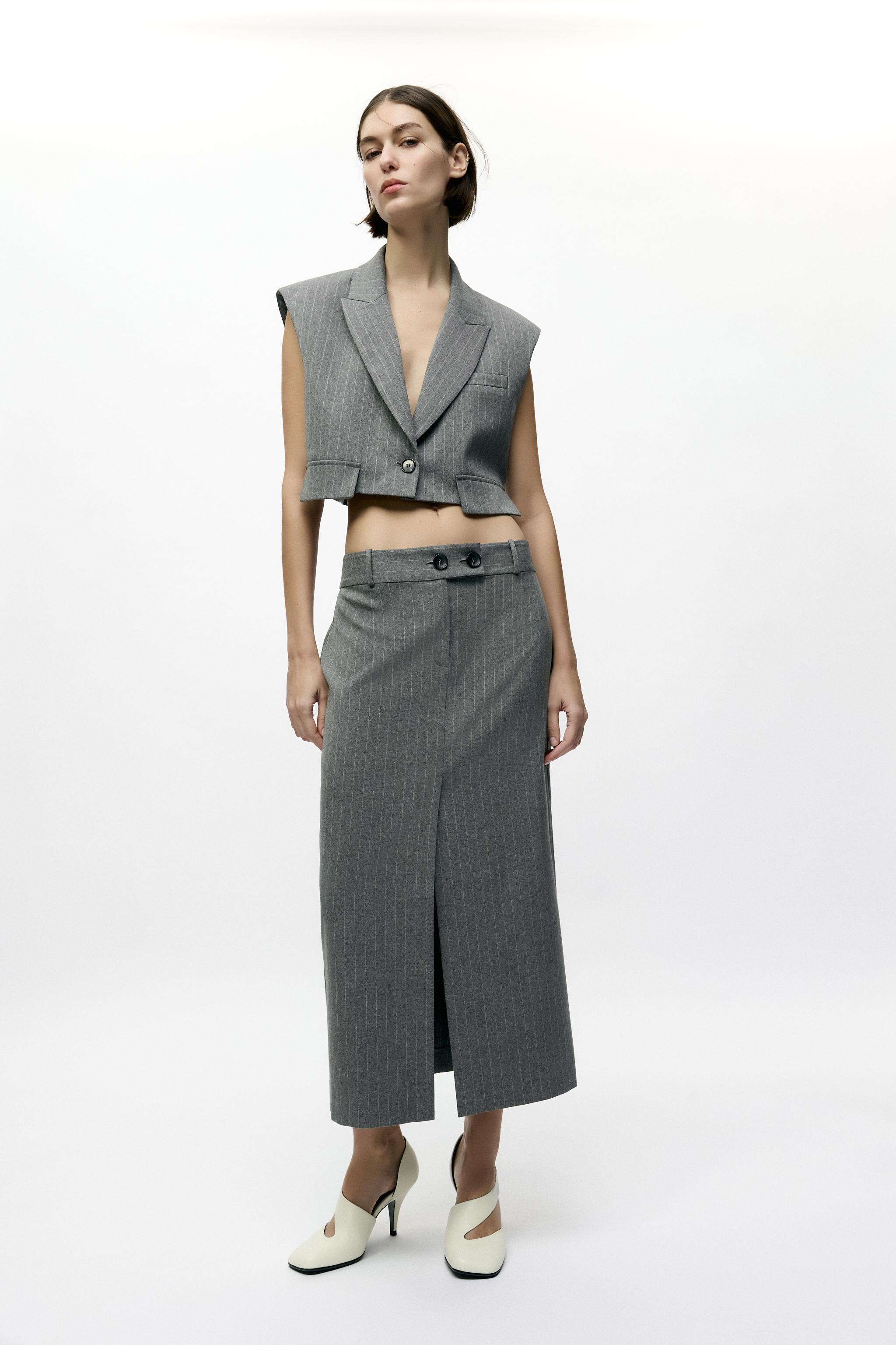 PINSTRIPE MIDI SKIRT - Grey | ZARA New Zealand