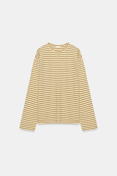 CAMISETA ALGODÓN Y LINO RAYAS - Beige / Tostado de Zara