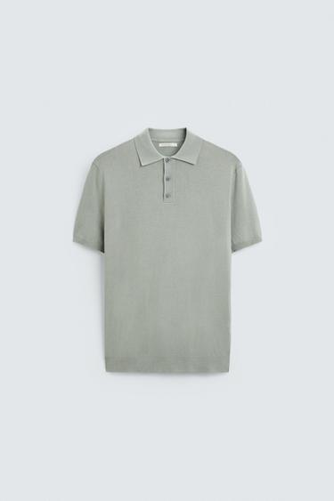 Zara VISCOSE BLEND KNIT POLO SHIRT - GREENISH