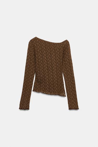 CAMISETA ASIMÉTRICA ENCAJE - Marrón de Zara - Imagen 0