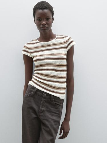 Zara Striped cutwork T-shirt - Gray / Natural