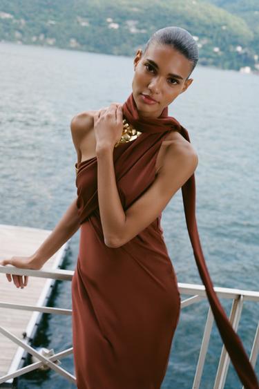 ASYMMETRIC MIDI DRESS WITH SCARF - Brown by Zara - Image 1