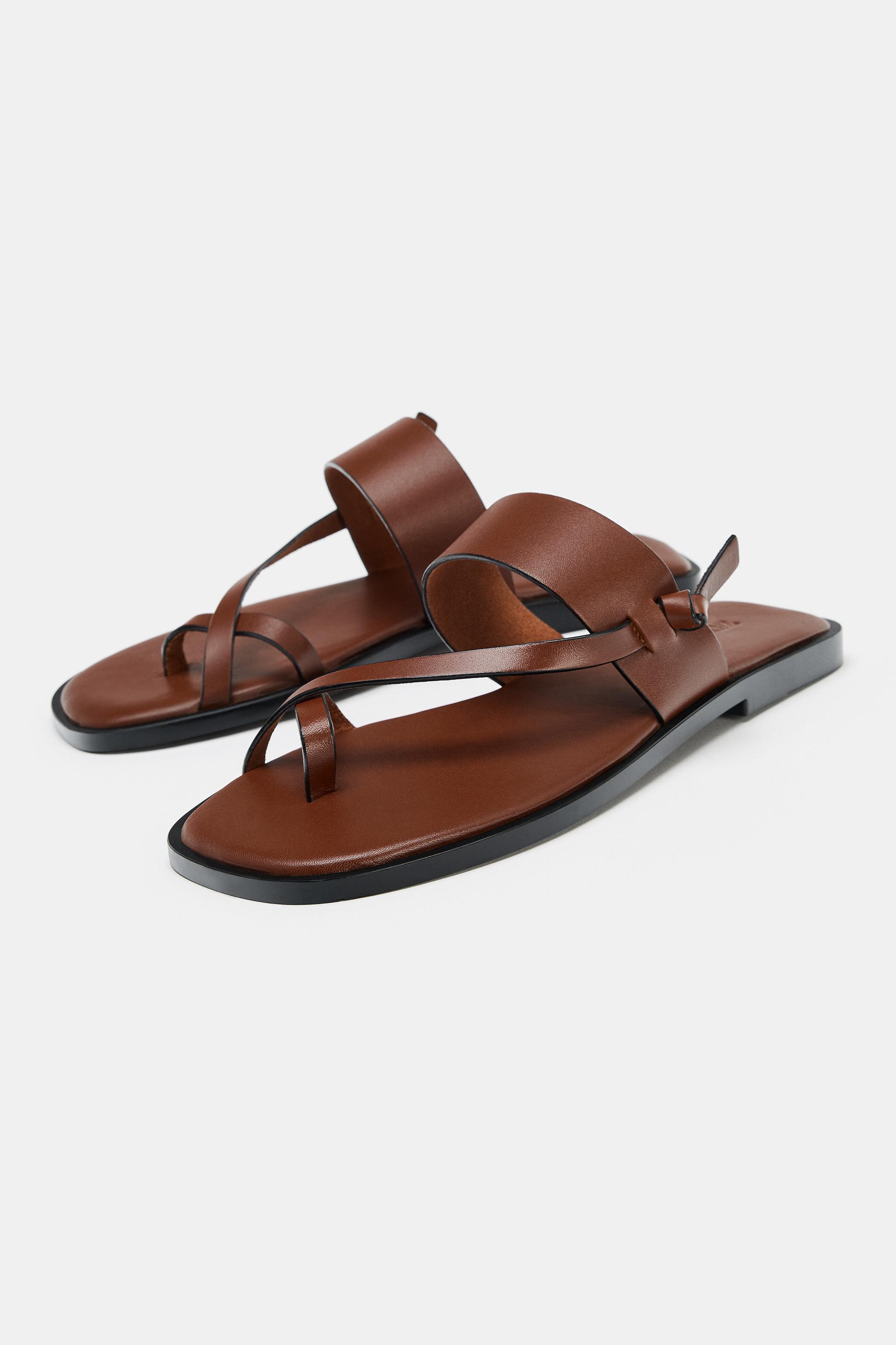 レザーストラップフラットサンダル - ブラウン | ZARA Japan / 日本