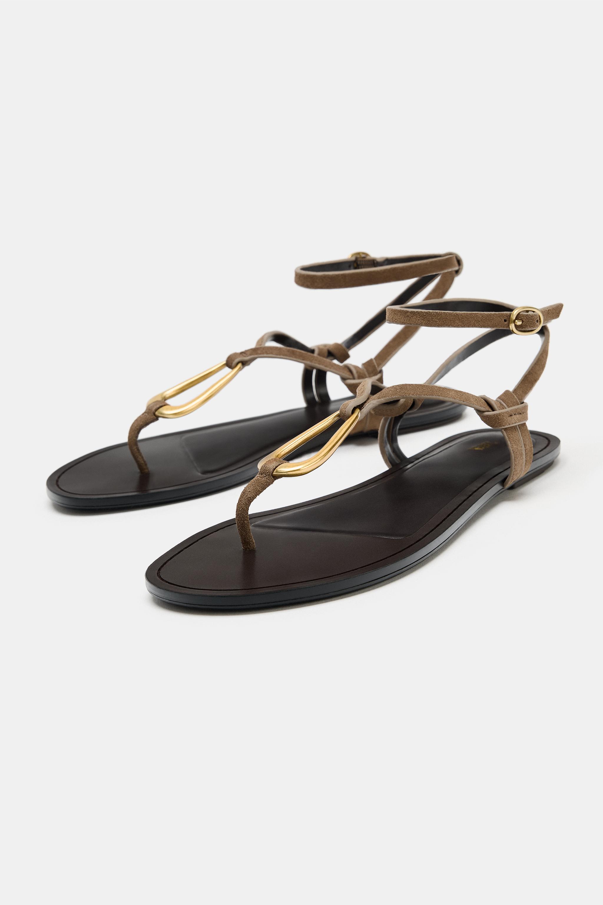 Женские сандалии Zara LEATHER SANDALS WITH METALLIC DETAIL — фото 3