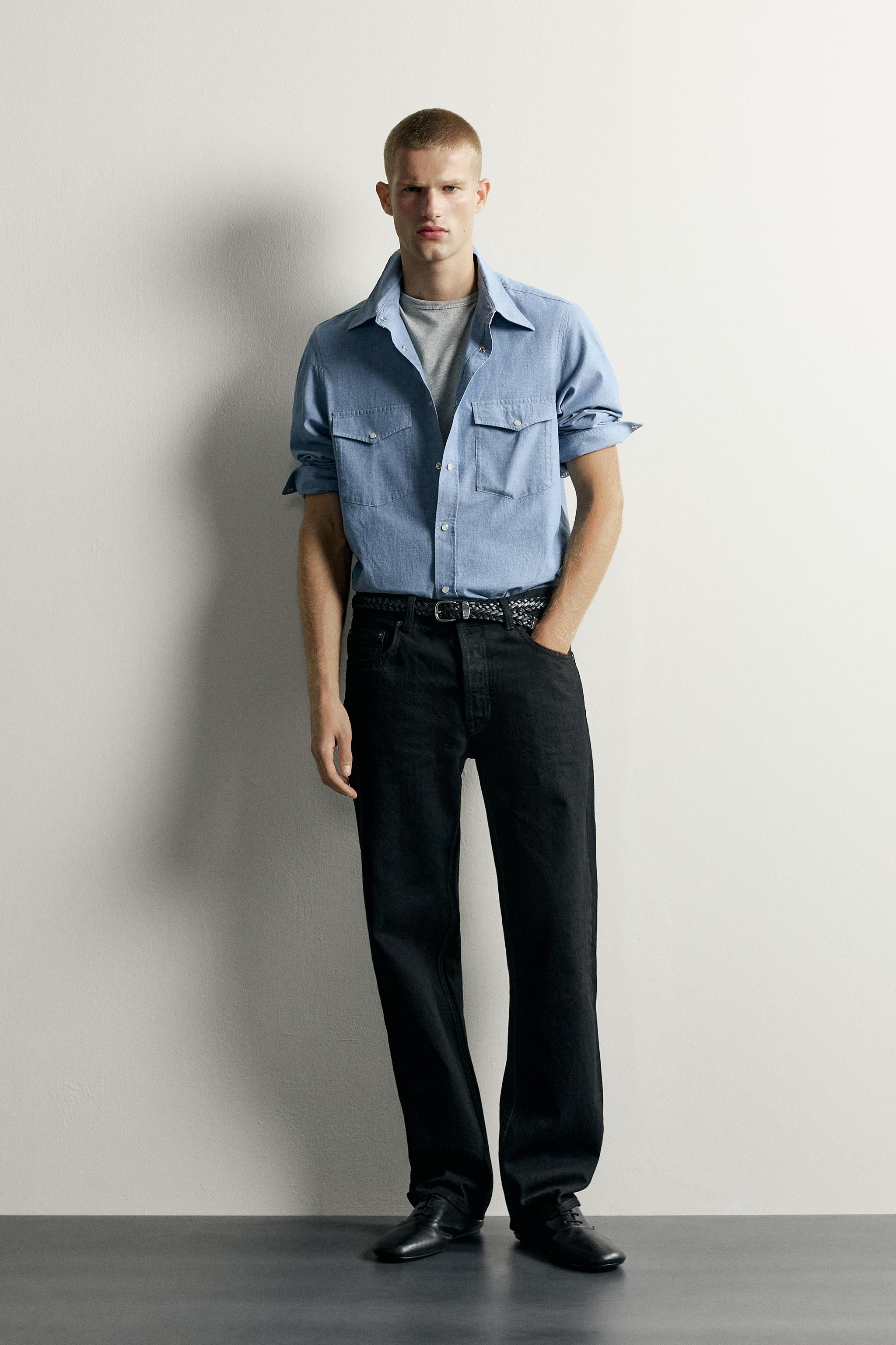 CHAMBRAY RELAXED FIT POCKET SHIRT — Blue