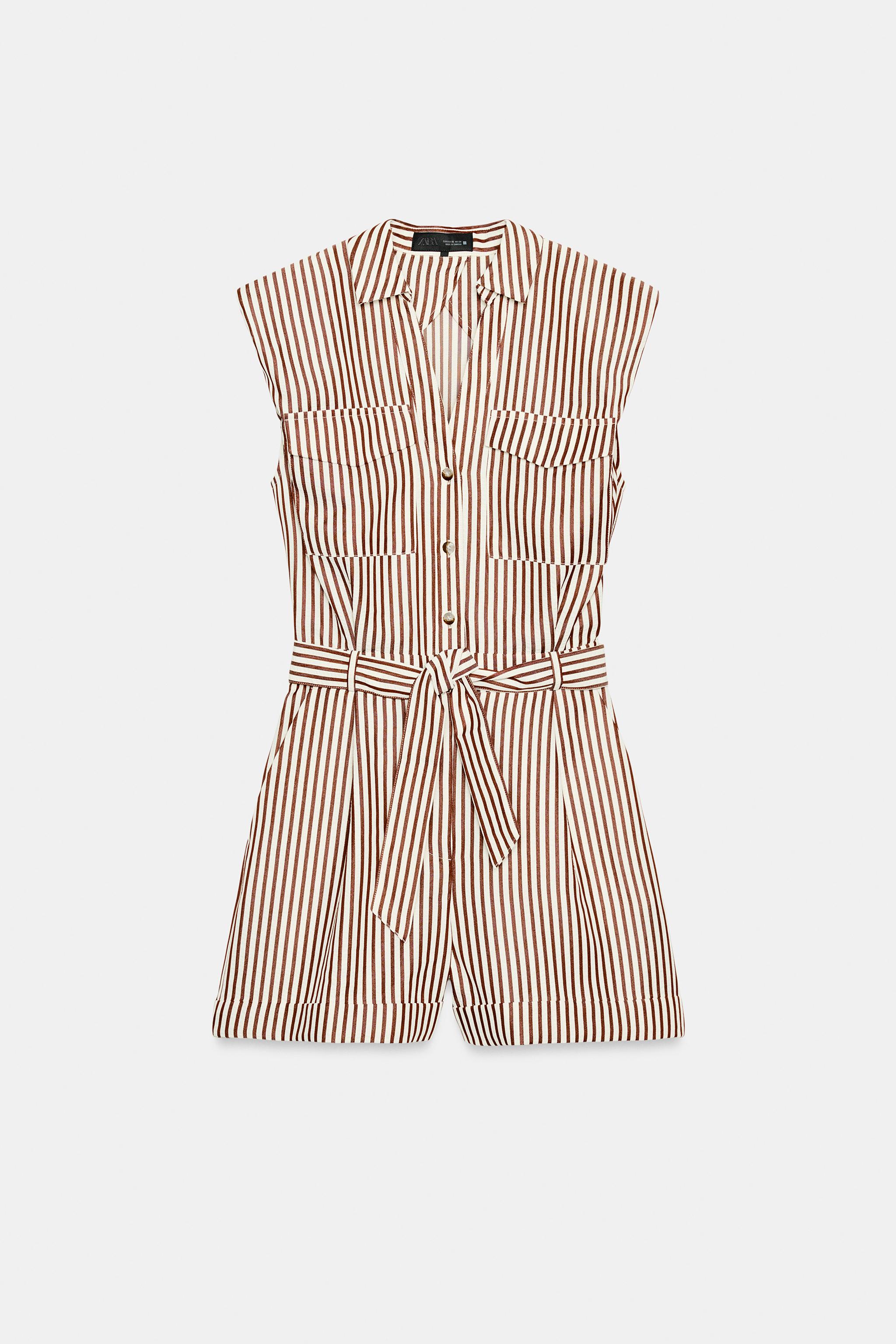 ストライプベルト付ショートジャンプスーツ - ブラウン | ZARA Japan 