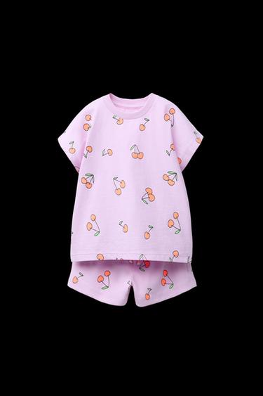 Zara PRINTED RIBBED T-SHIRT AND BERMUDA SET - Mauve - Image 0