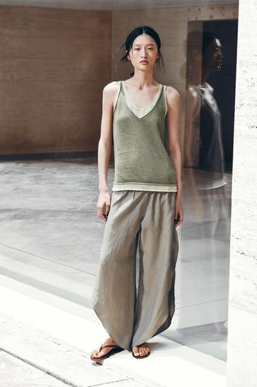 Zara 拼接設計針織上衣 - 卡其色