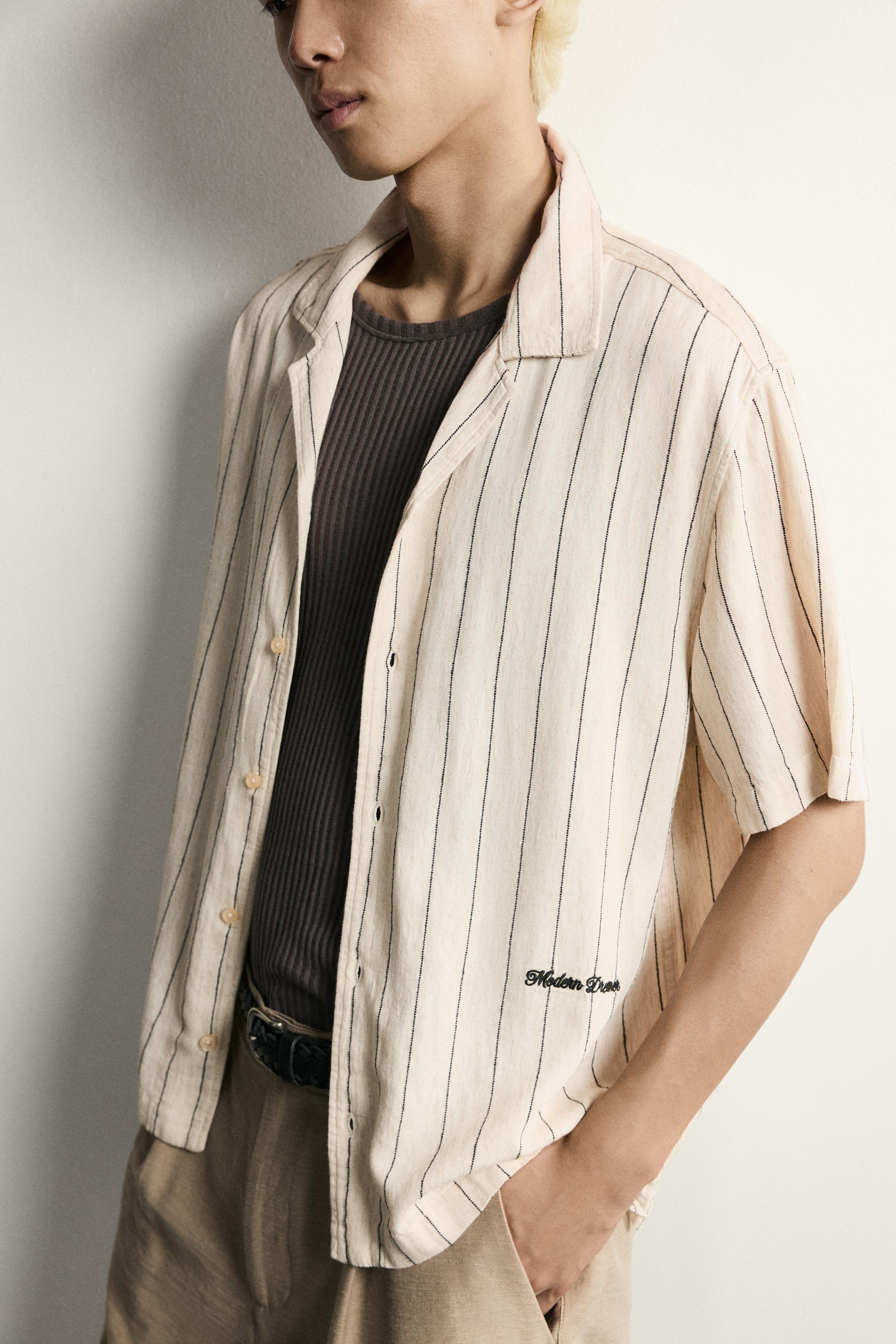 Мужские рубашки Zara RELAXED FIT EMBROIDERED STRIPE SHIRT — фото 5