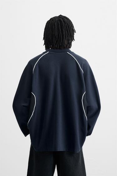 SWEAT POLO EN PIQUÉ CONTRASTÉ - Bleu / Gris de Zara - Image 2