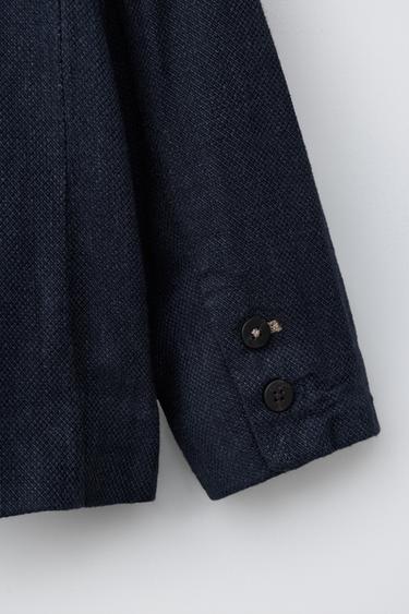 LINEN BLEND STAND COLLAR SUIT BLAZER - Navy blue by Zara - Image 3