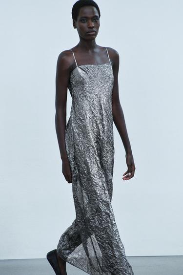 CRINKLED METALLIC-EFFECT MAXI DRESS — Black / Silver 2