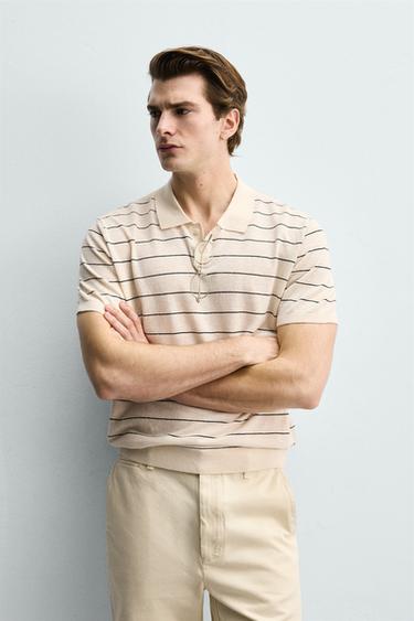 POLO RAJUT LINEN - KATUN MOTIF GARIS - Ecru dari Zara