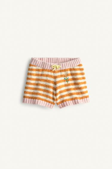 자수 플라워 스트라이프 니트 버뮤다 팬츠 limited edition - Zara 오렌지