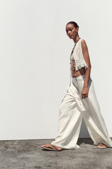 WIDE-LEG DARTED TROUSERS - Oyster-white by Zara - Image 1