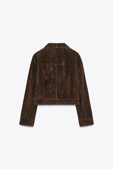 Zara 100% LEATHER SHORT JACKET - Dark brown