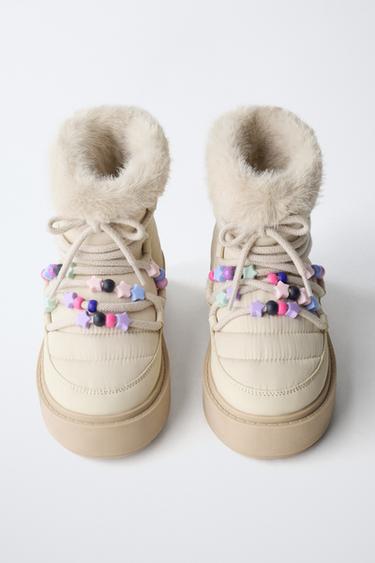 BEADED ANKLE BOOTS WITH FAUX FUR LINING - Ecru White by Zara - Image 3