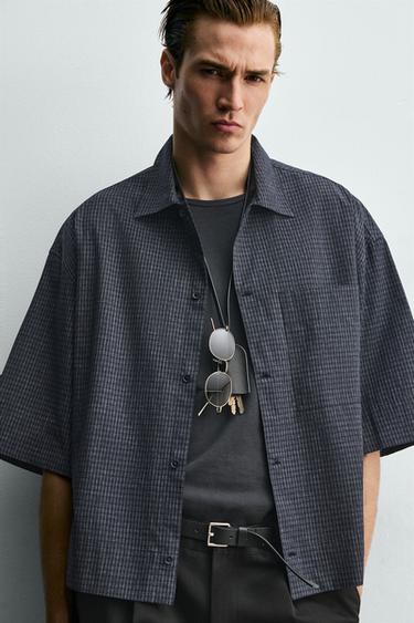 CHEMISE COUPE BOXY À CARREAUX - Bleu marine de Zara - Image 4