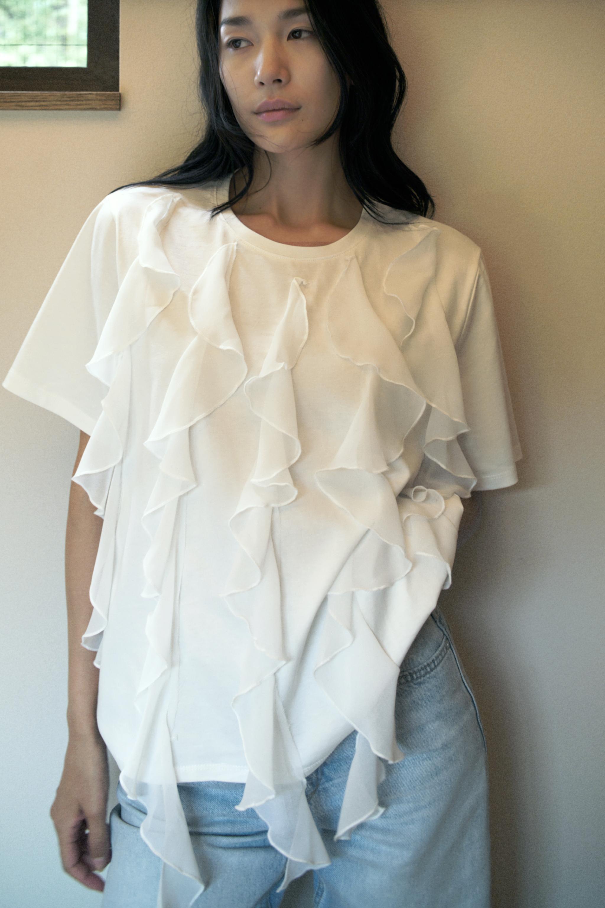 【ZARA】フリル付きTシャツ ホワイト | 2298/208/250 ZARA】フリル付きTシャツ ホワイト | 2298/208/250 (ZARA/T