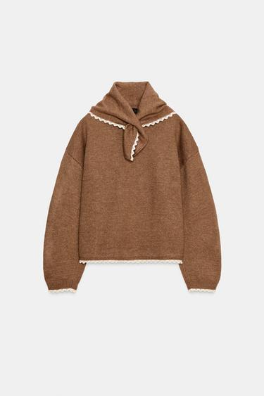 KNIT JUMPER WITH BANDANA AND LACE TRIM - Mid-camel by Zara