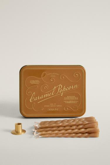 Set of 20 mini candles and candle holder - Caramel Popcorn - Tortoiseshell by Zara