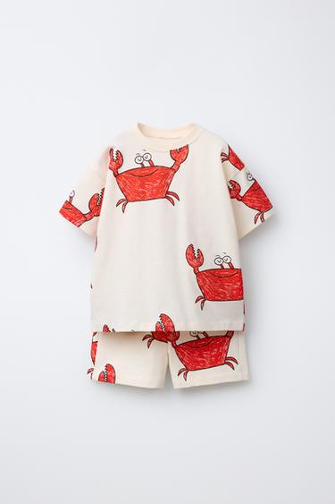 Zara CRAB PRINT T-SHIRT AND SHORTS SET - Ecru / Blue