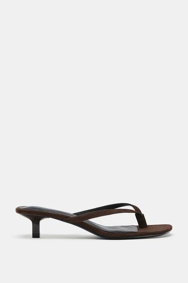 SUEDE KITTEN-HEEL SANDALS - Chocolate Brown by Zara - Image 0