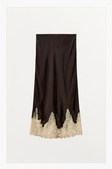 FALDA MIDI VISCOSA 100% BORDADOS ENCAJE - Marrón oscuro de Zara