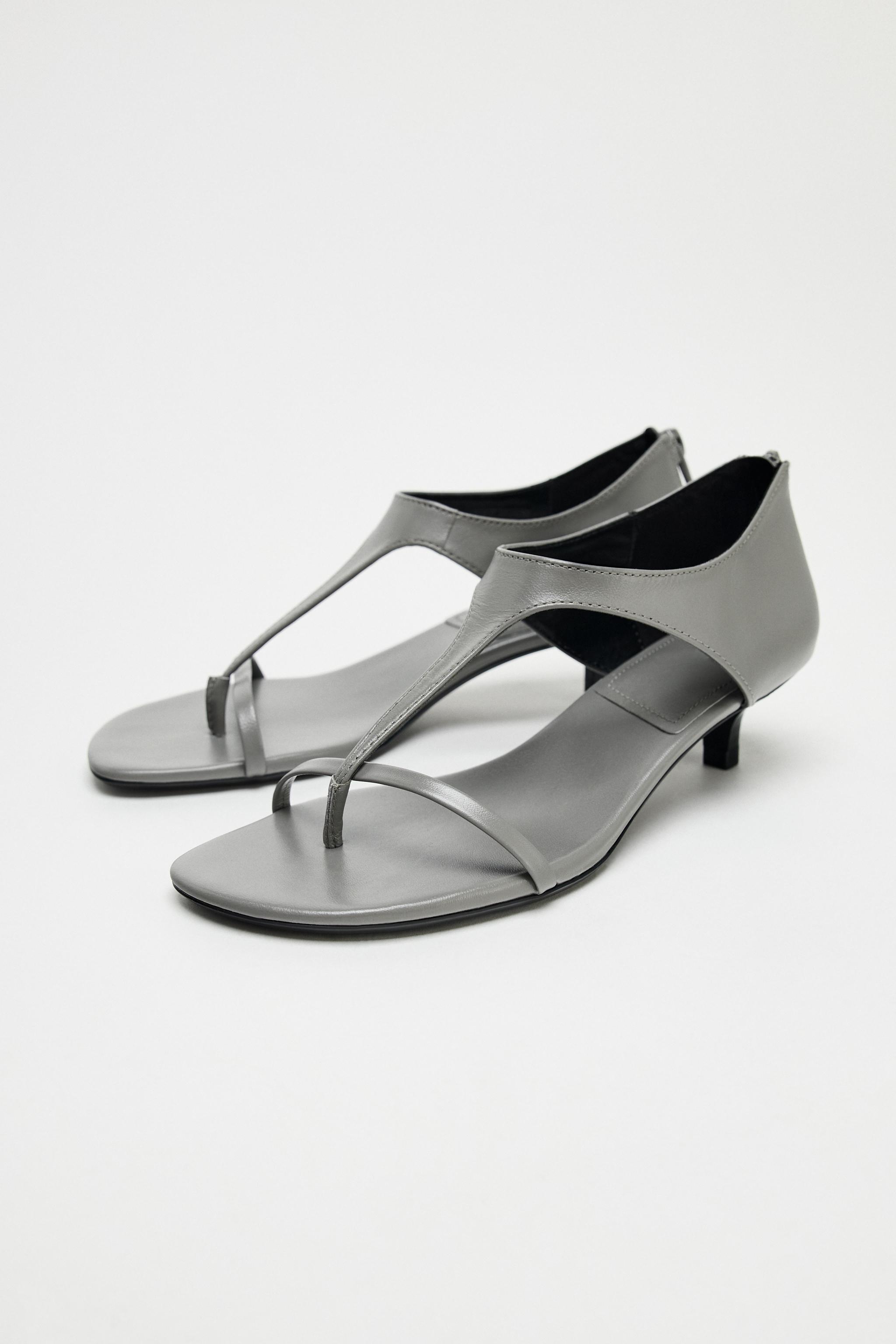 【ZARA】キトンヒール レザーサンダル ライトグレー1332/510/811 プラットフォームレザーハイヒールサンダル - ホワイト | ZARA