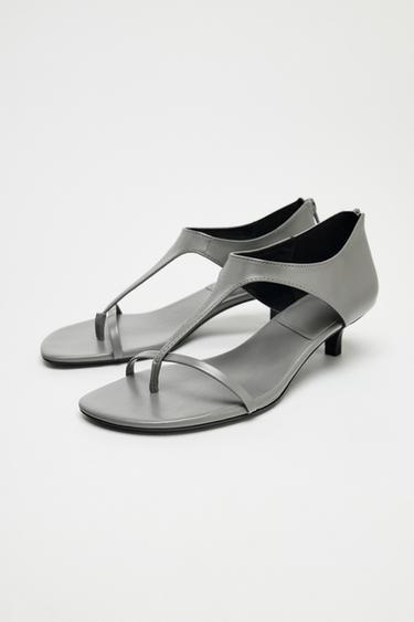 LEATHER KITTEN-HEEL SANDALS - Light grey by Zara - Image 4