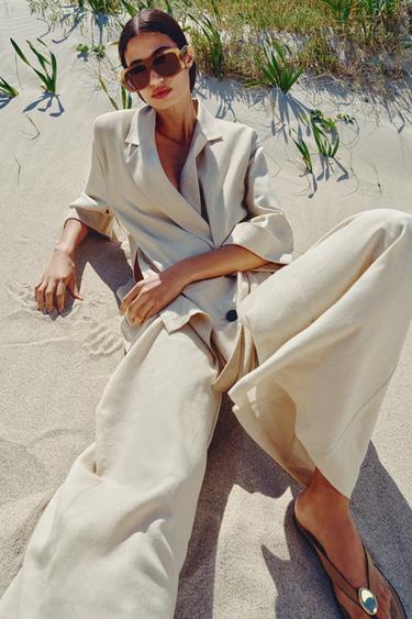 LINEN BLEND WIDE-LEG TROUSERS WITH BELT - Sand by Zara