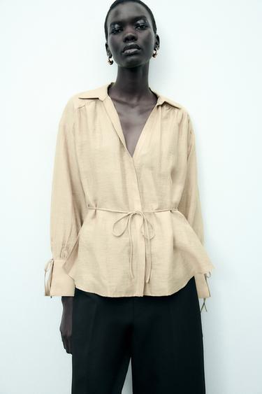 SHIRT WITH TIE CUFFS - camel by Zara - Image 0