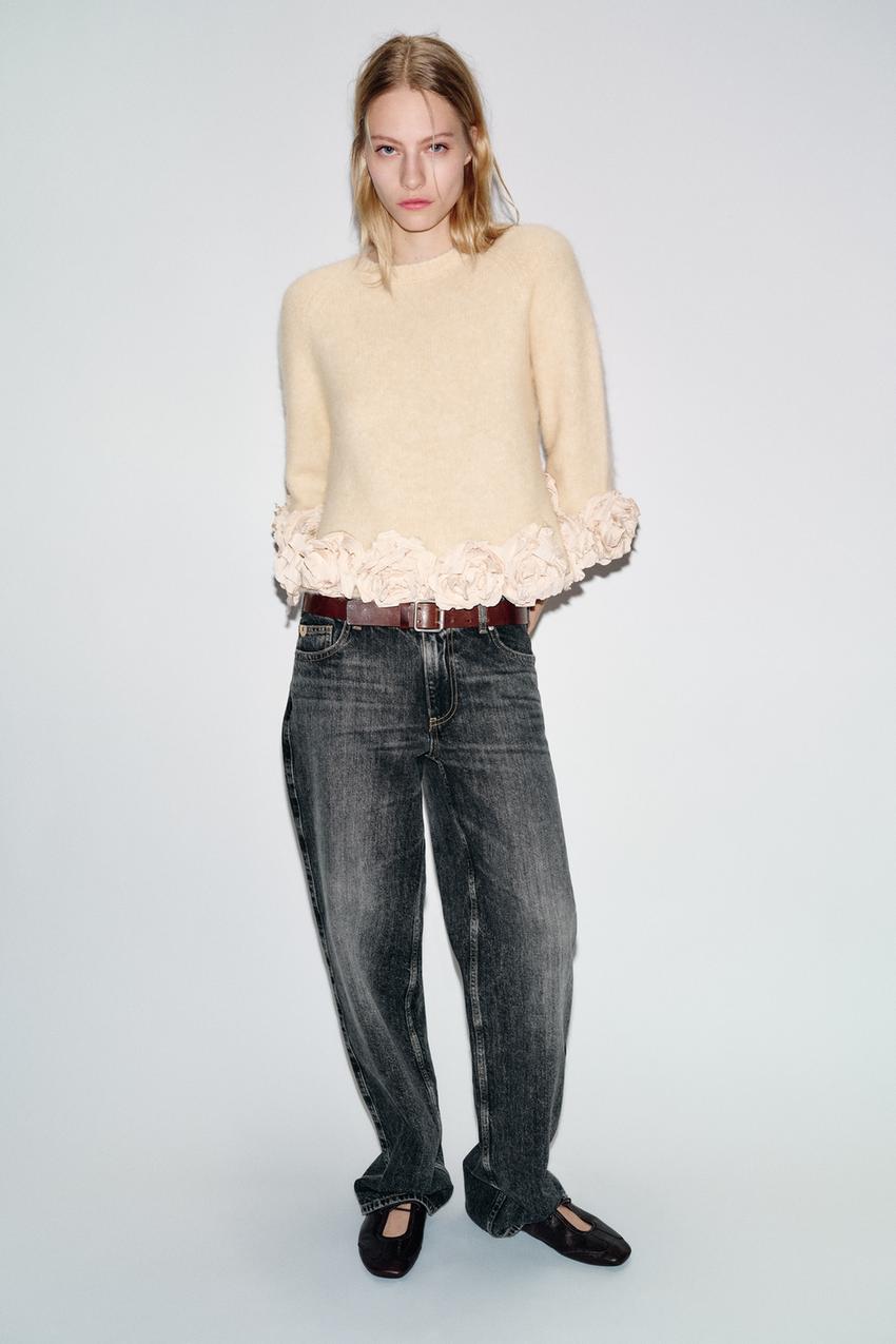 フラワーモチーフニットセーター - ピンクベージュ | ZARA Japan / 日本